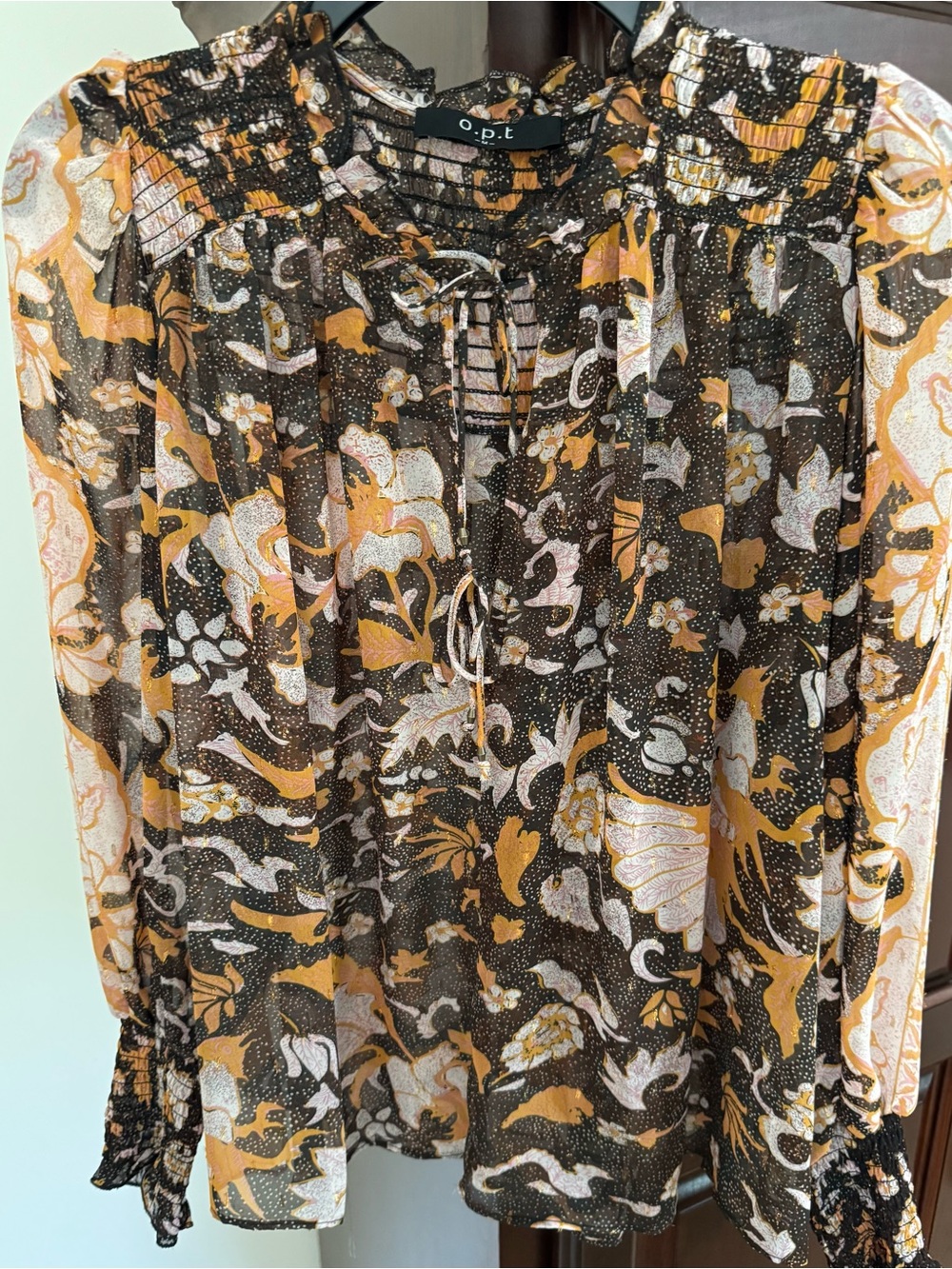 O.P.T. Floral Smocked Blouse Orange/Black/Gold Lurex Boho Top-NWOT-MEDIUM